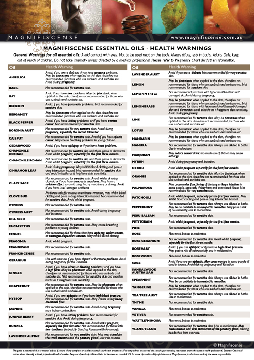 Magnifiscense Health Warnings and Essential Oils A4 Poster